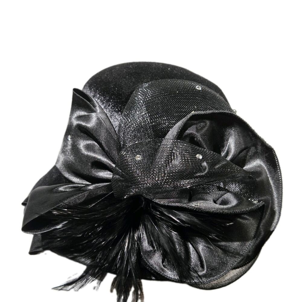 August Collection Black Cloche Hat – Elegant, Satin ,Mesh and Feather Detail